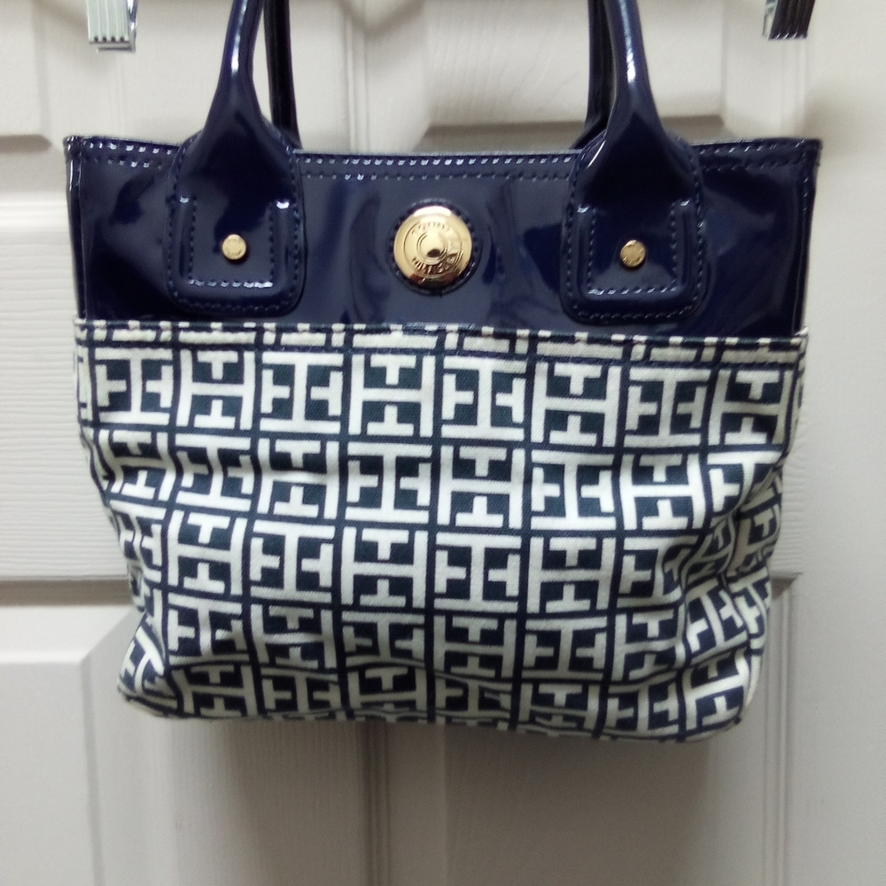 Blue and white purse